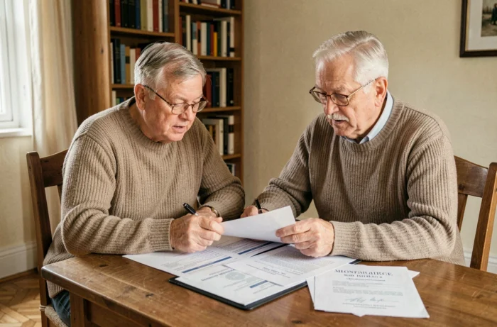 Couple de seniors belges examinant des documents notariaux pour une donation de maison