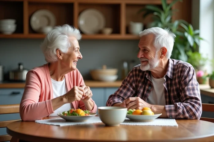 Couple de seniors partageant un repas sain à la maison pour prendre soin de leur santé et renforcer leur lien social