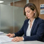 Femme française en rendez-vous consulaire examinant des documents administratifs officiels à l'étranger