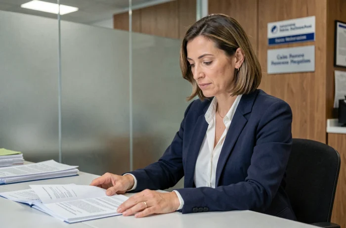 Femme française en rendez-vous consulaire examinant des documents administratifs officiels à l'étranger