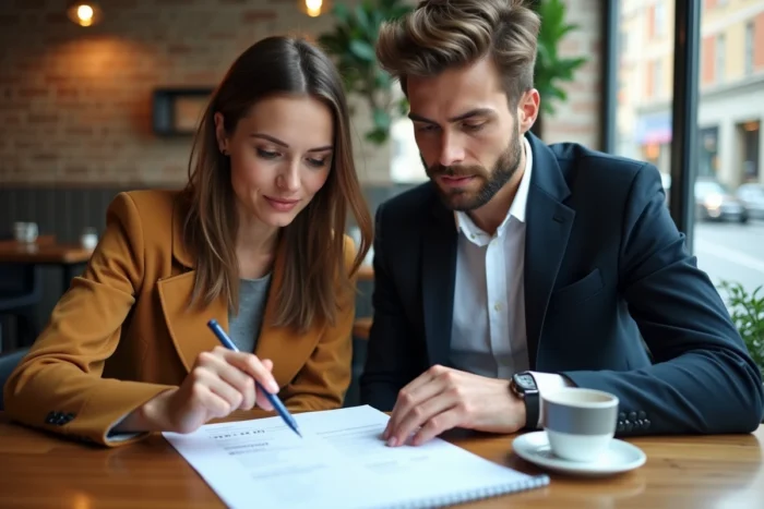 Deux jeunes adultes révisant ensemble un CV imprimé dans un café, dans une atmosphère de mentorat détendue