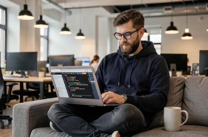 Développeur barbu travaillant sur des tutoriels informatiques dans un espace de coworking moderne