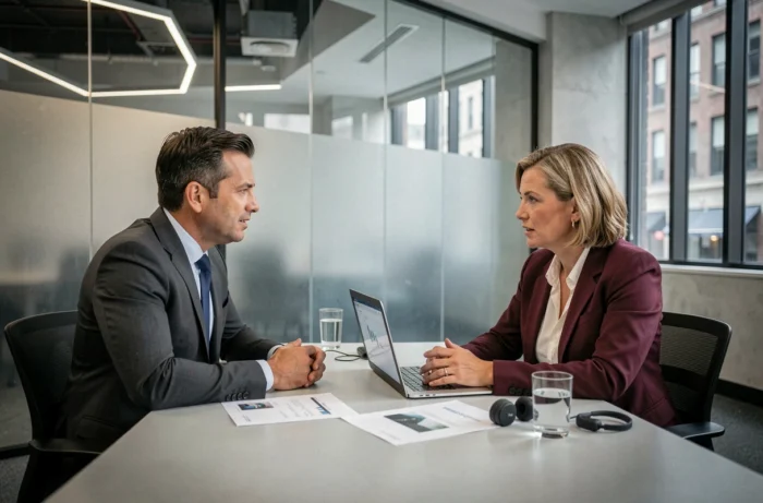 Deux professionnels en discussion lors d'un enregistrement de podcast business en espace co-working