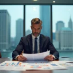 Économiste analysant des graphiques de politique monétaire dans une salle de conférence moderne avec vue sur la ville