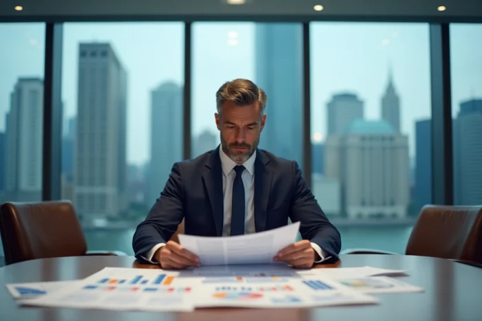 Économiste analysant des graphiques de politique monétaire dans une salle de conférence moderne avec vue sur la ville