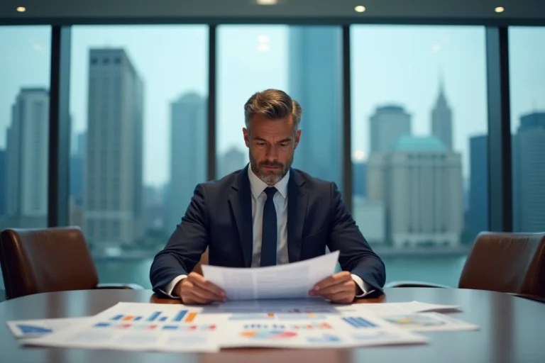 Économiste analysant des graphiques de politique monétaire dans une salle de conférence moderne avec vue sur la ville
