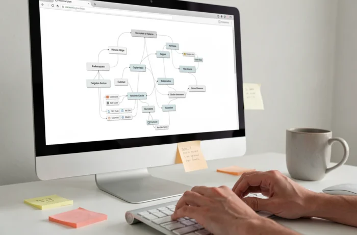 Écran d'ordinateur affichant un plan de site web structuré avec des mains sur le clavier dans un bureau minimaliste
