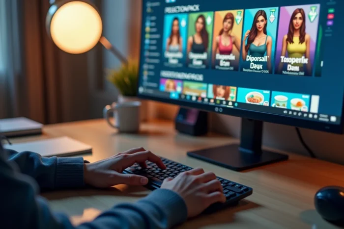 Écran d'ordinateur affichant la page de sélection des packs Sims 4 avec une main sur la souris