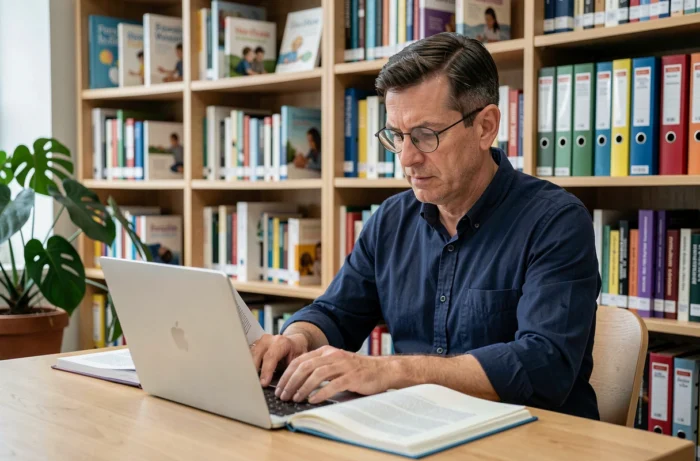 Éducateur spécialisé consultant des ressources sur l'enfance dans une bibliothèque professionnelle moderne