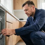 Électricien professionnel inspectant un tableau électrique dans une cuisine résidentielle moderne