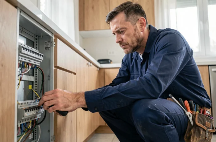 Électricien professionnel inspectant un tableau électrique dans une cuisine résidentielle moderne