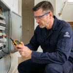 Électricien professionnel inspectant un tableau électrique dans une maison résidentielle moderne