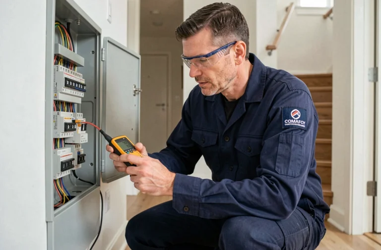 Électricien professionnel inspectant un tableau électrique dans une maison résidentielle moderne
