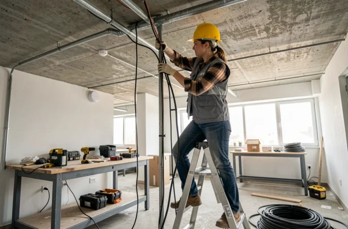 Électricienne posant des câbles électriques dans un chantier de bureau en rénovation