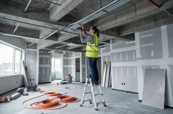 Électricienne travaillant sur des conduits au plafond d'un local commercial en rénovation