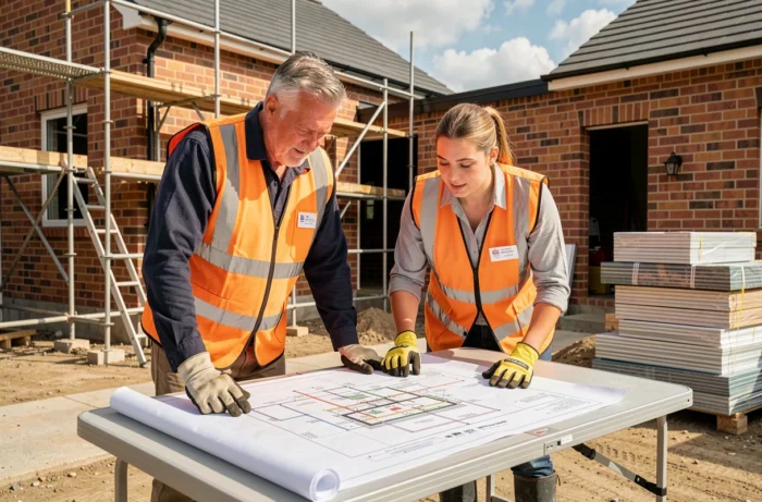 Deux électriciens consultant des plans d'installation électrique sur un chantier de construction résidentielle