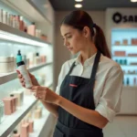 Employée de cosmétique examinant l'étiquette d'un produit de soin dans une boutique Nocibé, illustrant la politique de tests sur les animaux