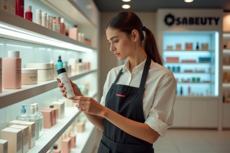 Employée de cosmétique examinant l'étiquette d'un produit de soin dans une boutique Nocibé, illustrant la politique de tests sur les animaux