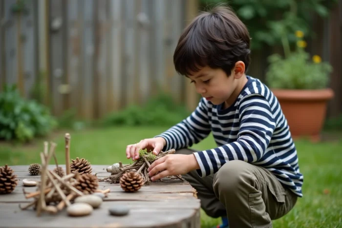 Enfant concentré construisant une petite structure avec des matériaux naturels dans un jardin verdoyant