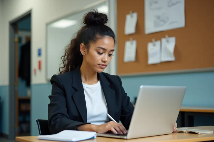 Enseignante configurant sa signature professionnelle sur la messagerie académique Aix-Marseille dans une salle des professeurs