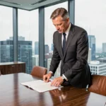 Entrepreneur ambitieux en costume gris dans une salle de réunion moderne avec vue sur la ville, symbolisant la fortune et le succès entrepreneurial de Jean-Yves Le Fur