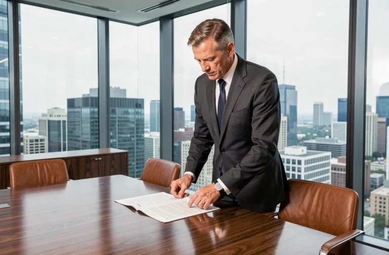 Entrepreneur ambitieux en costume gris dans une salle de réunion moderne avec vue sur la ville, symbolisant la fortune et le succès entrepreneurial de Jean-Yves Le Fur