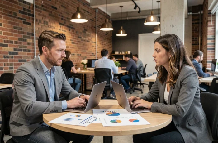 Deux entrepreneurs discutant de stratégie financière et de croissance dans un espace de coworking moderne, évoquant les leçons de réussite et de fortune entrepreneuriale inspirées de Jean-Yves Le Fur