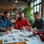 Équipe éditoriale découvrant les rubriques d'un magazine sportif autour d'une table de rédaction moderne