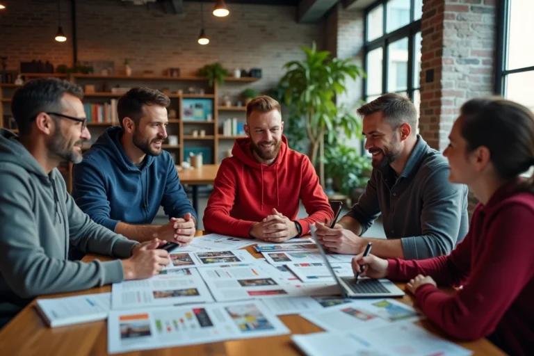 Équipe éditoriale découvrant les rubriques d'un magazine sportif autour d'une table de rédaction moderne