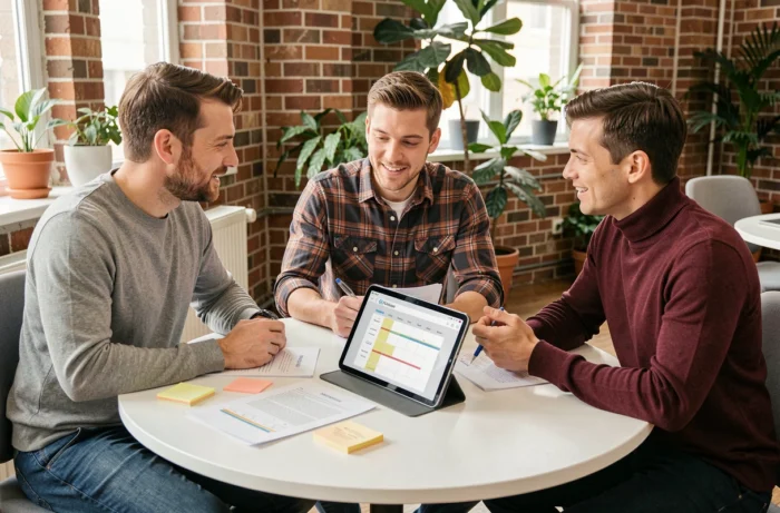 Une équipe marketing discutant d'une stratégie de communication digitale autour d'une table dans un espace de coworking