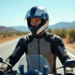 Motard équipé de matériel obligatoire en Espagne, casque homologué et veste de protection sur une route espagnole