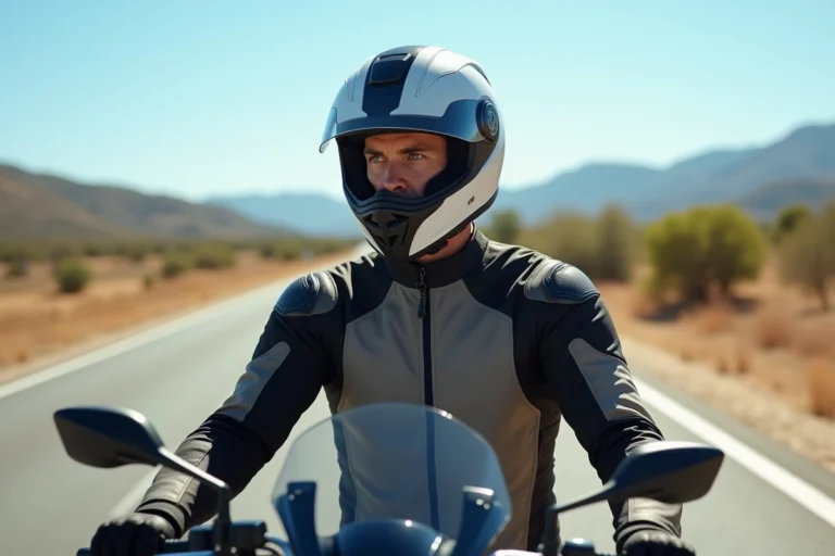 Motard équipé de matériel obligatoire en Espagne, casque homologué et veste de protection sur une route espagnole