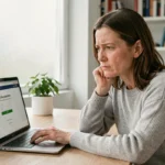 Femme face à une erreur de connexion sur le portail MyFoncia depuis son bureau à domicile