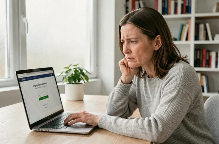 Femme face à une erreur de connexion sur le portail MyFoncia depuis son bureau à domicile