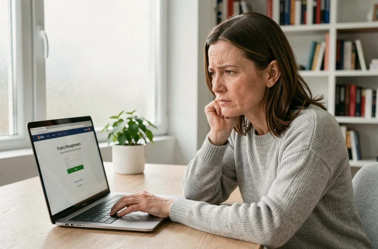 Femme face à une erreur de connexion sur le portail MyFoncia depuis son bureau à domicile