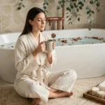 Femme en robe de bain en lin crème assise près d'une baignoire décorée de pétales séchés dans une salle de bain zen et apaisante