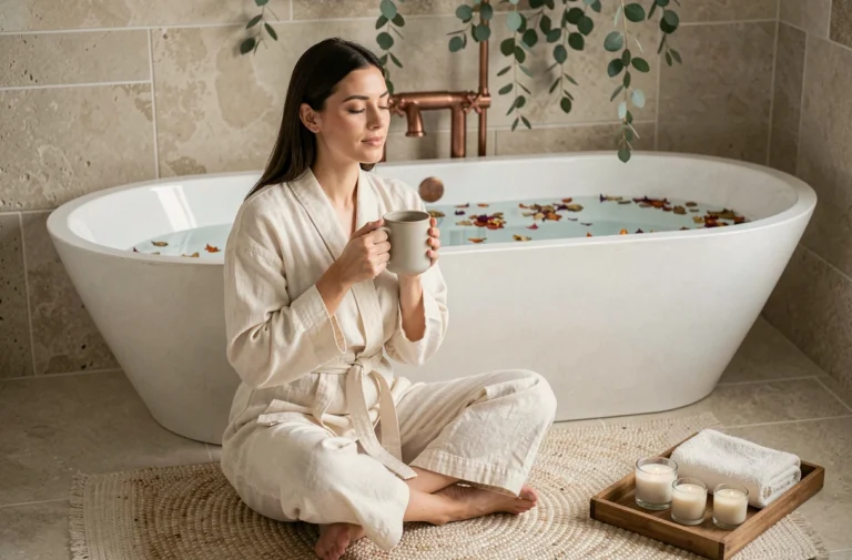 Femme en robe de bain en lin crème assise près d'une baignoire décorée de pétales séchés dans une salle de bain zen et apaisante