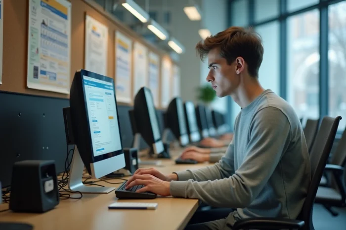Étudiant accédant aux services en ligne de l'académie Aix-Marseille depuis un poste informatique du centre de ressources universitaire