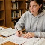 Étudiante en mathématiques déchiffrant des formules trigonométriques sin et cos sur une feuille de notes dans une bibliothèque universitaire