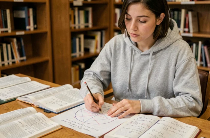 Étudiante en mathématiques déchiffrant des formules trigonométriques sin et cos sur une feuille de notes dans une bibliothèque universitaire