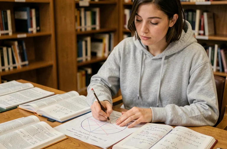 Étudiante en mathématiques déchiffrant des formules trigonométriques sin et cos sur une feuille de notes dans une bibliothèque universitaire