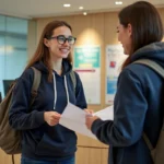 Étudiante consultant les services administratifs de l'académie Aix-Marseille au guichet d'accueil universitaire