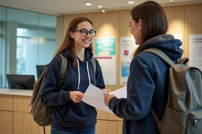Étudiante consultant les services administratifs de l'académie Aix-Marseille au guichet d'accueil universitaire