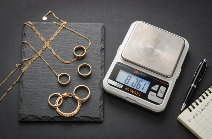 Bijoux en or 9 carats posés sur une balance de précision pour évaluation du prix au gramme