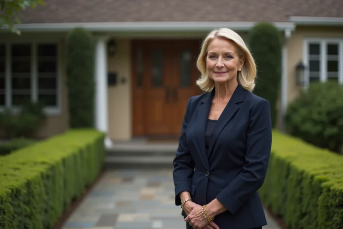 Femme élégante devant une maison américaine classique des années 70, illustrant la vie de l'ex-épouse de Michael Landon