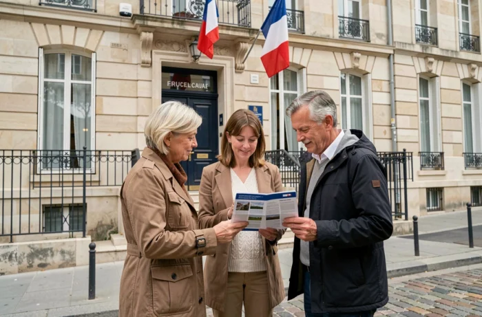 Groupe d'expatriés français consultant une brochure devant l'entrée d'un consulat français à l'étranger