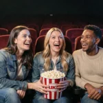 Groupe d'amis qui rient et partagent du popcorn dans une salle de cinéma aux fauteuils en velours rouge