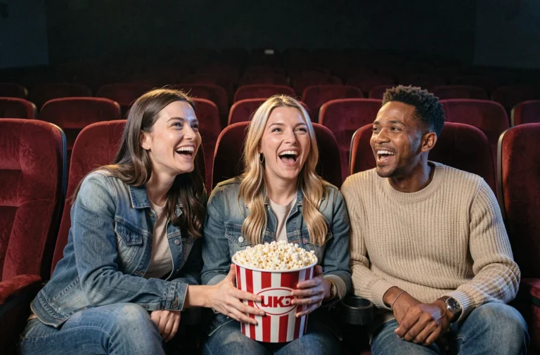 Groupe d'amis qui rient et partagent du popcorn dans une salle de cinéma aux fauteuils en velours rouge