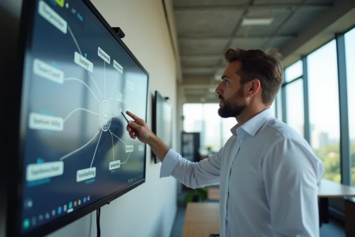 Expert en SEO présentant une carte visuelle de mots-clés longue traîne dans une agence digitale moderne