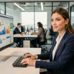 Une professionnelle analysant des tableaux de bord de communication digitale sur un grand écran dans un bureau moderne en open space